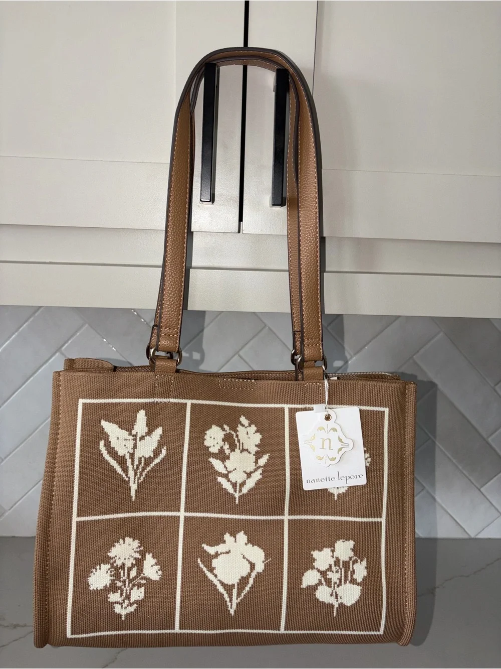 Nanette Lepore Lucia Tan botanical embroidery look Tote with Gold Accents NWT